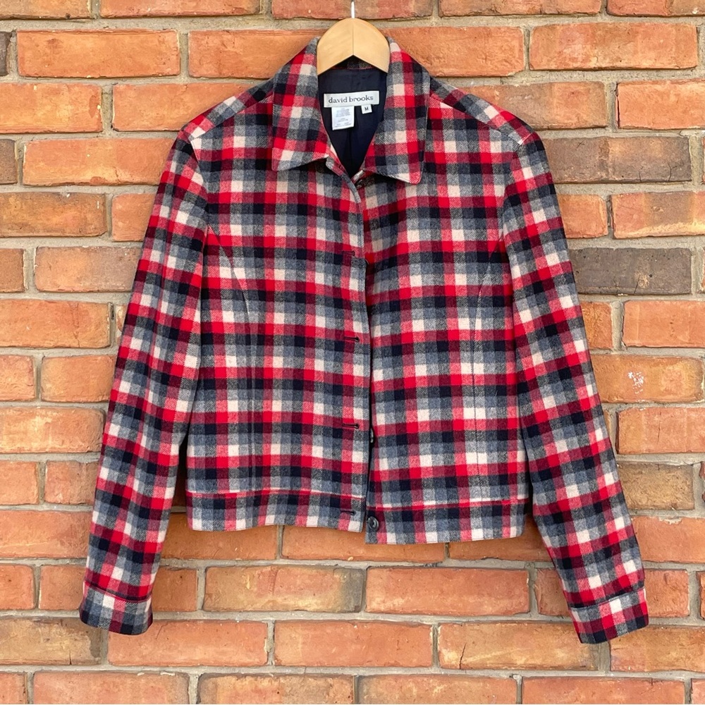 Vintage David Brooks Wool Blend Plaid Moto Button Up Red Retro Jacket Sz M
